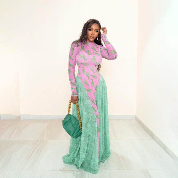 Mesh Print Long Sleeve Maxi Dress GYME-K25D76941