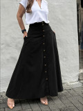 Single Breasted Pocket Solid Color Long Skirt OMY-12015