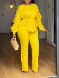 Plus Size Solid Color Ruffles Tops Two Piece Pants Set GMLF-3345