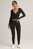 V Neck Long Sleeve Solid Two Piece Pants Set GXYF-0483