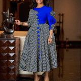 Plus Size 4/3 Sleeve Print Patchwork Midi Dress GATE-598