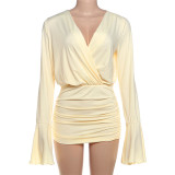 V Neck Pleated Flare Sleeve Mini Dress GYME-K25D76600