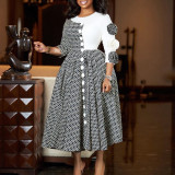 Plus Size 4/3 Sleeve Print Patchwork Midi Dress GATE-598
