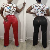 Solid Color Loose Wide Leg Leather Pants BN-313