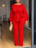 Plus Size Solid Color Ruffles Tops Two Piece Pants Set GMLF-3345