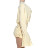 V Neck Pleated Flare Sleeve Mini Dress GYME-K25D76600
