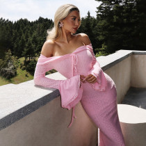 Solid Color Bow Flare Sleeve Maxi Dress GYME-K25D76015