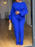 Plus Size Solid Color Ruffles Tops Two Piece Pants Set GMLF-3345