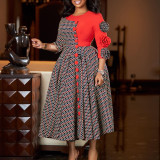 Plus Size 4/3 Sleeve Print Patchwork Midi Dress GATE-598