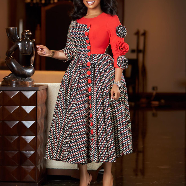 Plus Size 4/3 Sleeve Print Patchwork Midi Dress GATE-598