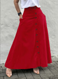 Single Breasted Pocket Solid Color Long Skirt OMY-12015