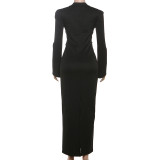 Tie Up Zipper Long Sleeve Maxi Dress GYME-K25D77335