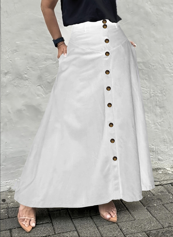 Single Breasted Pocket Solid Color Long Skirt OMY-12015