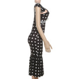 Polka Dot Print V-neck Backless Midi Dress GYME-K25D79208