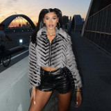 Striped Lapel Zipper Fur Jacket GYME-K25C79854