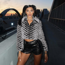 Striped Lapel Zipper Fur Jacket GYME-K25C79854