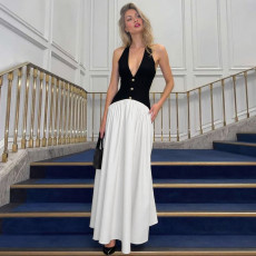 Backless Contrast Color Maxi Dress GYME-K25D79028