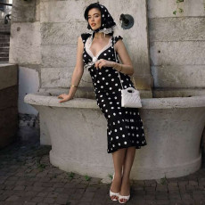 Polka Dot Print V-neck Backless Midi Dress GYME-K25D79208