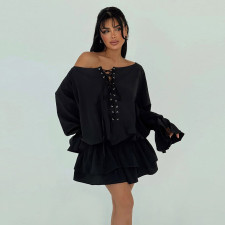 One Shoulder Solid Color Flare Sleeve Mini Dress GYME-K25D76712