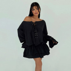 One Shoulder Solid Color Flare Sleeve Mini Dress GYME-K25D76712