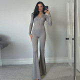 Solid Color V Neck Tight Flare Jumpsuit GYME-K25Q78481