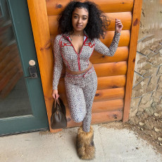 Leopard Print Zipper Long Sleeve Jumpsuit GSLF-K25S80683