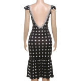 Polka Dot Print V-neck Backless Midi Dress GYME-K25D79208