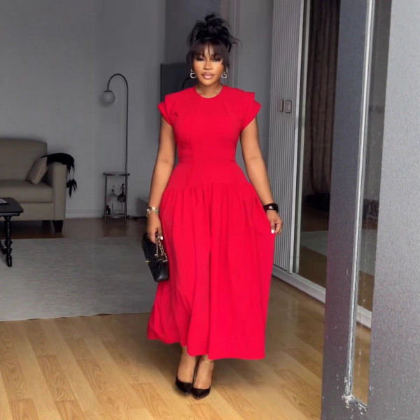 Plus Size Solid Color Pleated Maxi Dress NY-11181