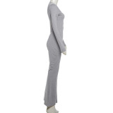 Solid Color V Neck Tight Flare Jumpsuit GYME-K25Q78481