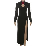 Hollow Out Long Sleeve Split Maxi Dress GYME-K25D79893
