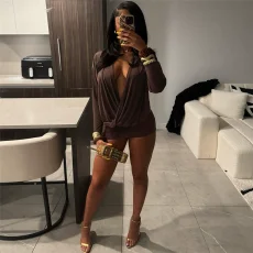 V Neck Long Sleeve Mini Dress GSLF-K25Q79580