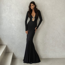Solid Color Deep V Neck Maxi Dress GYME-K25D77115
