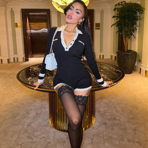 Contrast Color Lapel Long Sleeve Romper GYME-K25Q76877