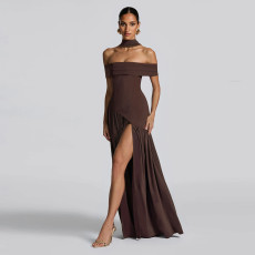 Off Shoulder Solid Color Maxi Dress With Scarf GYME-K25D79540