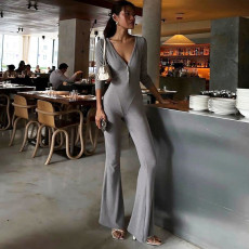 Solid Color V Neck Tight Flare Jumpsuit GYME-K25Q78481