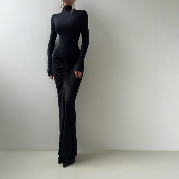 Pleated Long Sleeve Slim Maxi Dress GYME-K25D79602