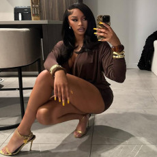 V Neck Long Sleeve Mini Dress GSLF-K25Q79580