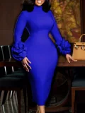Plus Size Solid Color Long Sleeve Midi Dress GCZF-8638