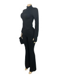 Solid Color Zipper Tops Micro Flare Pant Suit(With Headscarf) CH-25053