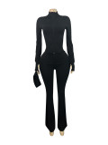 Solid Color Zipper Tops Micro Flare Pant Suit(With Headscarf) CH-25053
