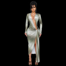 Print Deep V Neck Pleated Maxi Dress GSZM-J25DS300