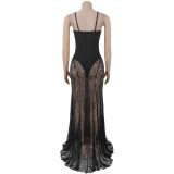 Sexy Lace See Through Sling Maxi Dress BY-7520