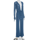 Deep V Neck See Through Micro Flare Pants Suit MXBF-J25ST273