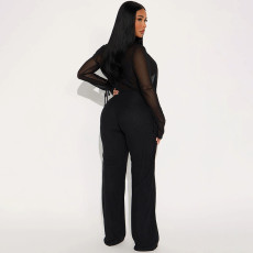 Deep V Neck See Through Micro Flare Pants Suit MXBF-J25ST273