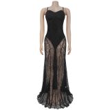 Sexy Lace See Through Sling Maxi Dress BY-7520