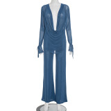 Deep V Neck See Through Micro Flare Pants Suit MXBF-J25ST273