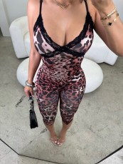 Leopard Print Sling Lace Patchwork Jumpsuit YWXS-K25L1115