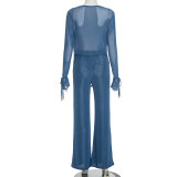 Deep V Neck See Through Micro Flare Pants Suit MXBF-J25ST273