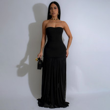 Wrap Chest Solid Color Mesh Maxi Dress YF-20148
