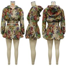 Print Long Sleeve Hooded Two Piece Skirts Set YF-10900